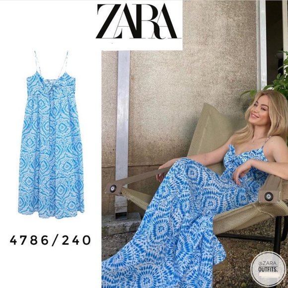 Women's Zara Blue Strappy V-Neck Knot Tie Cotton Maxi Printed Sip Dress Size XL - Picture 1 of 10
